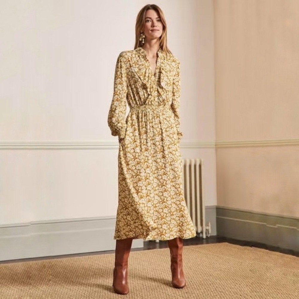 Boden Mustard Floral Ruffle Midi Dress